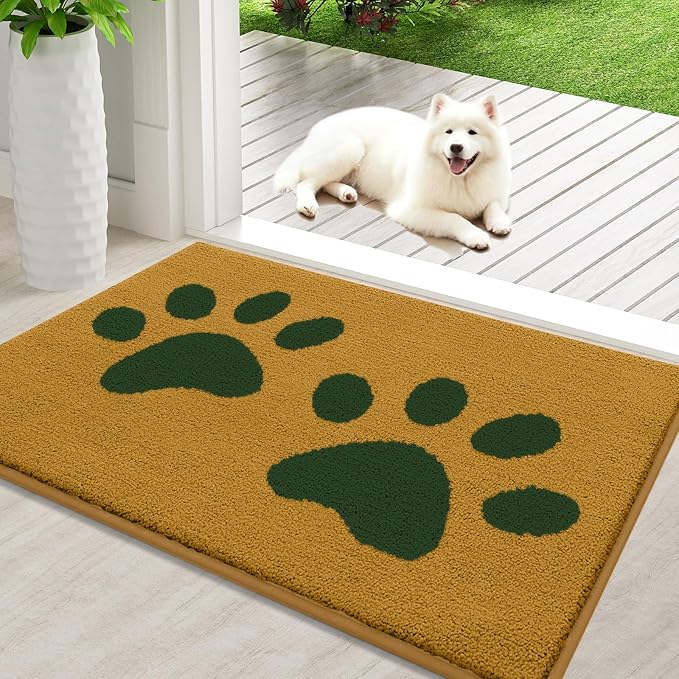 Buganda Dog Door Mat for Muddy Paws, Absorbent Dirt Trapper Washable Indoor Doormats, Non Slip Low-Profile Mud Mat for Dogs, Front Entrance Doormat for Inside Floor (36x24 Inches, Yellow and Green)