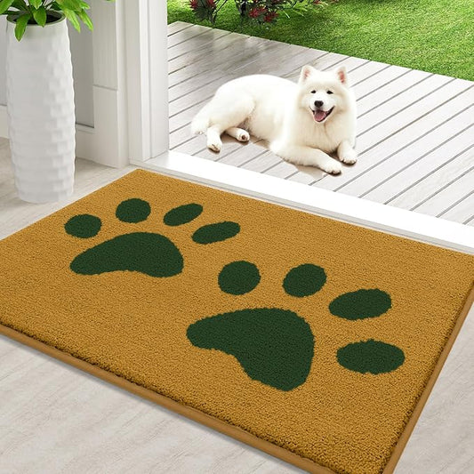Buganda Dog Door Mat for Muddy Paws, Absorbent Dirt Trapper Washable Indoor Doormats, Non Slip Low-Profile Mud Mat for Dogs, Front Entrance Doormat for Inside Floor (36x24 Inches, Yellow and Green)