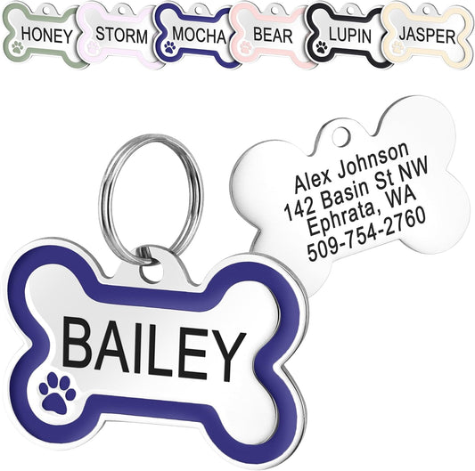 GoTags Stainless Steel Bone Dog Tag with Color Outline and Paw Print, Personalized Pet ID Tag for Dogs and Cats, Custom Engraving with up to 5 Lines of Text on Both Sides (Blue, Small)