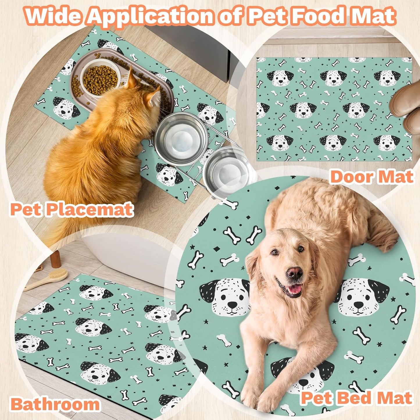 Dog Food Mat Absorbent Dog Cat Bowl Mat for Food and Water, Quick Dry Pet Feeding Placemats Non-Slip Feeding Mats Pet Supplies, Dog Bone, 24" x 32"