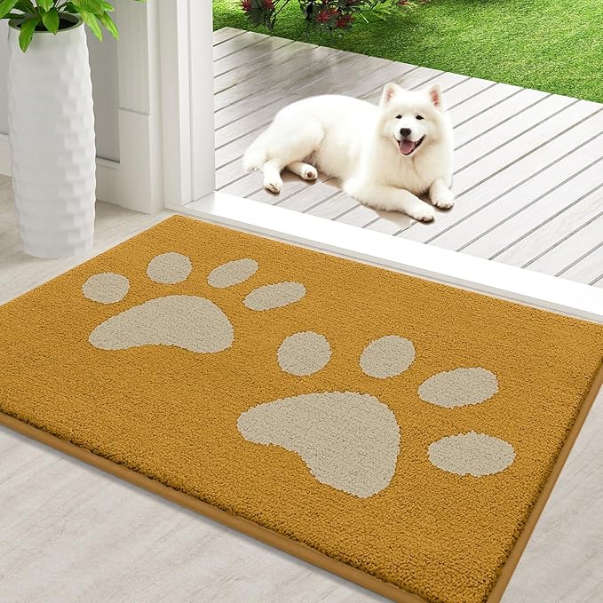 Buganda Dog Door Mat for Muddy Paws, Absorbent Dirt Trapper Washable Indoor Doormats, Non Slip Low-Profile Mud Mat for Dogs, Front Entrance Doormat for Inside Floor (36x24 Inches, Yellow)