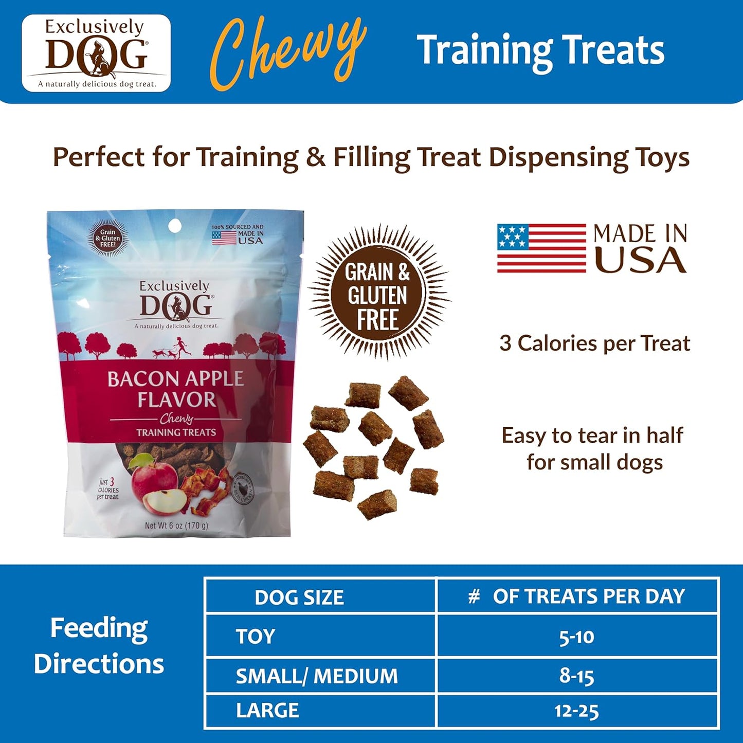 Exclusively Dog Chewy Training Treats Bacon Apple Flavor Grain Free Gluten Free, Made in The USA, 6 oz.