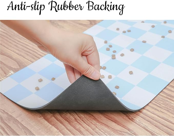 Ralxion Checkered Dog Feeding Mat, Absorbent Mats for Dog Food and Water Bowl, Dispenser, Retro Aesthetic Light Blue Checkerboard Pet Placemat for Dogs, Cats, Puppy Accessories, 16" X 24”