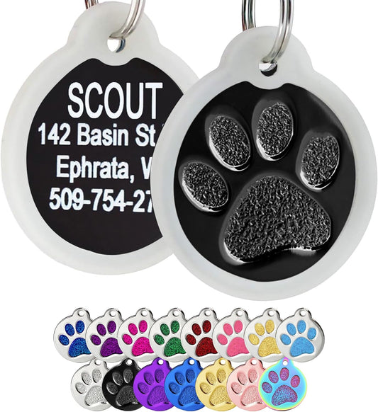 GoTags Paw Print Round Stainless Steel Pet Tag for Dogs and Cats, Personalized with 4 Lines of Custom Engraved ID Name and Number, in Stainless Steel and 15 Colors Small and Large, Black