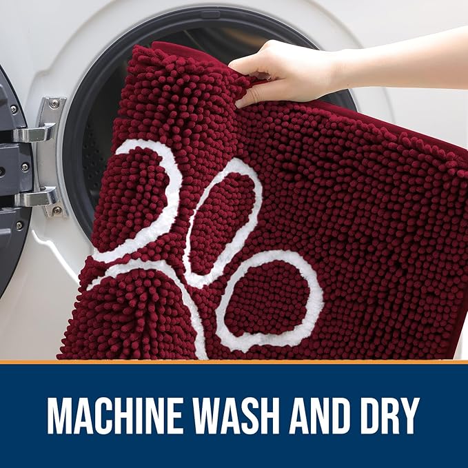 OLANLY Door Mat for Muddy Dog Paws 24x16, Ultra Absorbent Chenille Mud Doormat with Paw Print Design, Non-Slip Washable Doormat for Indoor Entryway, Quick-Dry Pet Bed Mats for Dirty Dogs, Burgundy