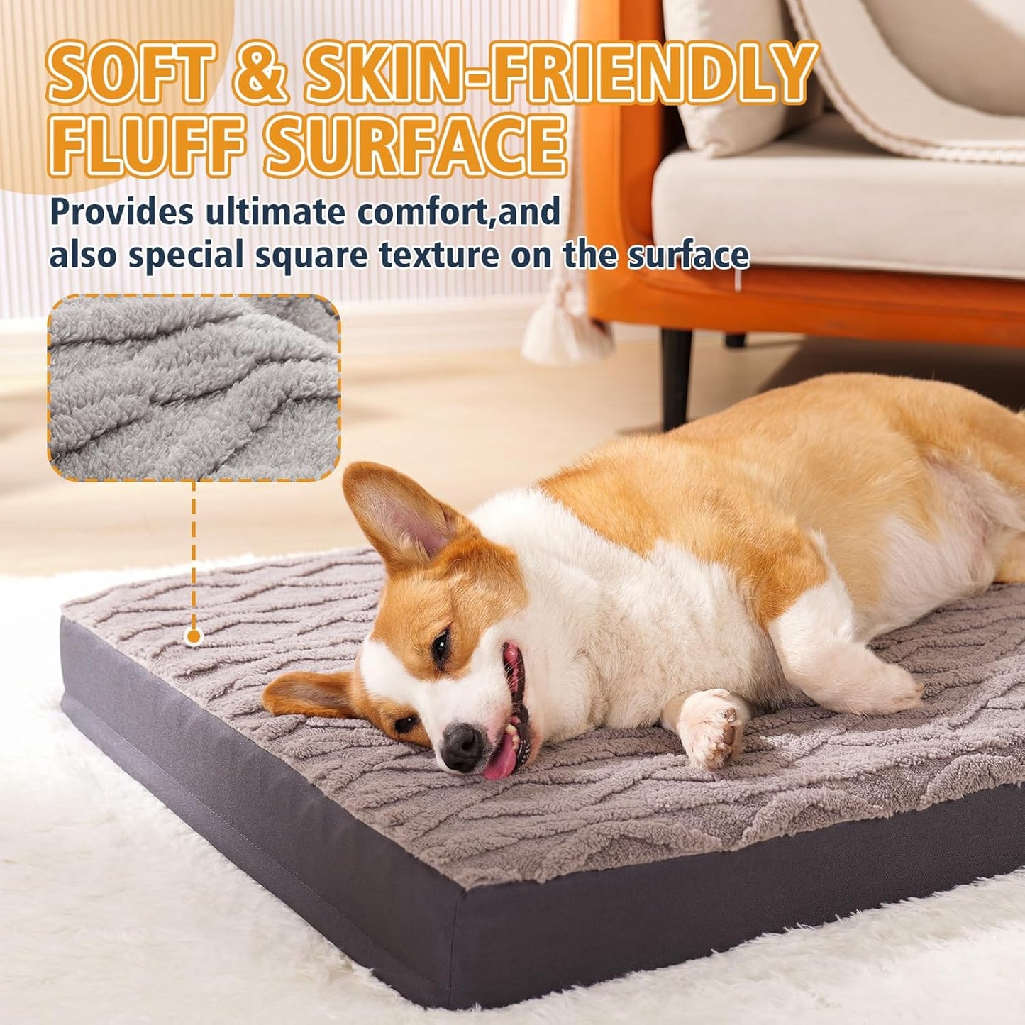 M Waterproof Dog Crate Bed - Soft Comfort Fluffy Memory Foam Pet Bed with Anti-Slip Bottom, Machine Washable Dog Bed for Kennel, 35"x22"x3", Grey