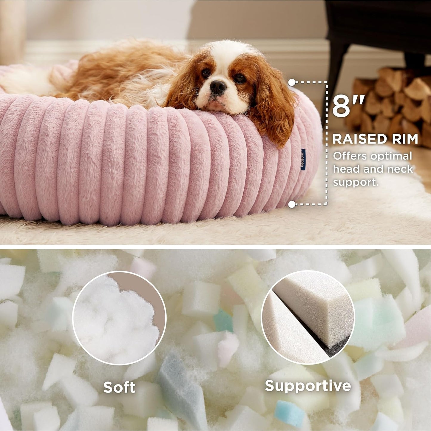 Bedsure Donut Medium Dog Bed - Washable Faux Fur with Corduroy Fleece & Anti Slip Bottom, Round Pet Bed with Removable Cover, Blush Pink, 30x30x8 inches