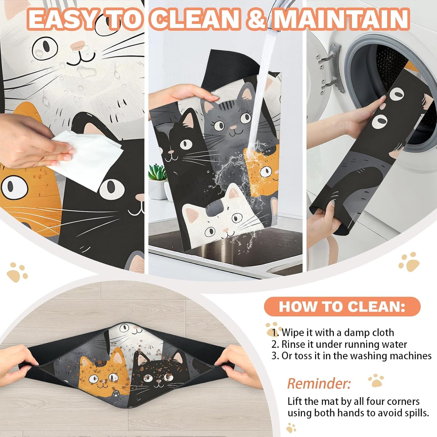 Dog Cat Food Mat,12"x20" Inches Rapid Absorbent Pet Feeding Mat,Pets Placemat Water Bowl Mats with Rubber Backing,No Stains Cat Dog Feeding Mats Indoor,Pet Accessories Supplies,Cartoon Cats