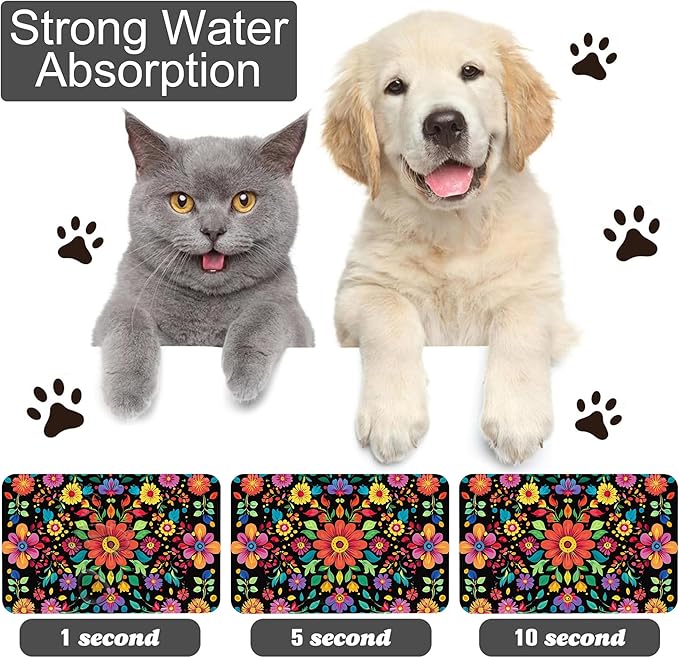 Colorful Mexican Floral Pet Feeding Mat-Quick Dry Absorbent Dog Cat Food Mat, Anti-Slip Water Bowl Mats for Messy Eaters-No Stains Indoor Pet Accessories 12"x20"