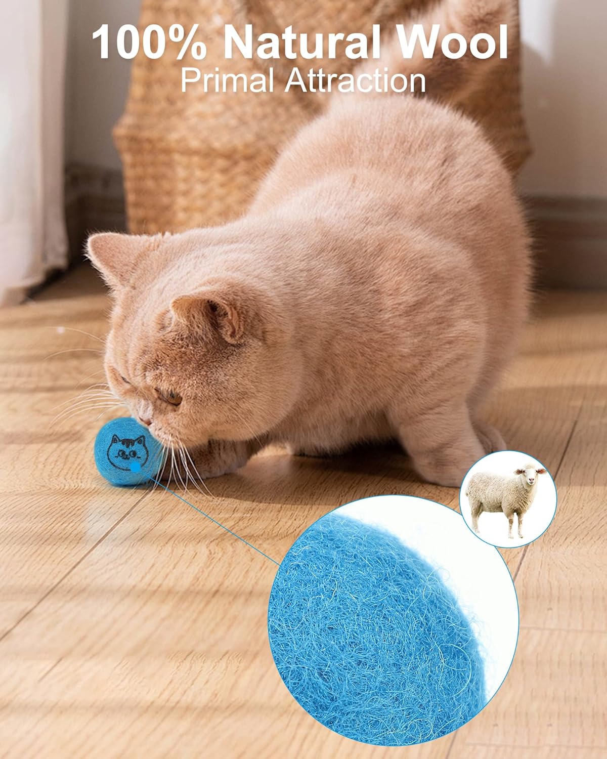 Cat Ball Toys – Soft, Quiet Wool Balls for Indoor Cats, Handmade, Pure Natural, Safe, Cat-Friendly Colors, 1.6 Inch Interactive Toy for Kittens, 3 Pack
