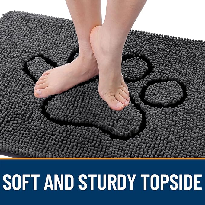 OLANLY Door Mat for Muddy Dog Paws 36x24, Absorbent Chenille Doormat with Paw Print Design, Non-Slip Washable Doormat for Indoor Entryway, Quick-Dry Pet Bed Mats for Dirty Dogs, Dark Grey and Black