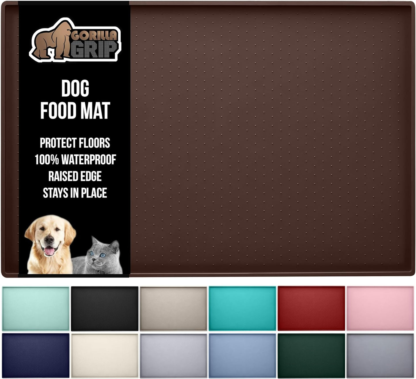 GORILLA GRIP 100% Waterproof Raised Edge BPA Free Silicone Pet Feeding Mat, Dog Cat Food Mats Contain Spills Protects Floors, Placemats for Cats and Dogs Water Bowl, Pets Accessories 28x18 Brown