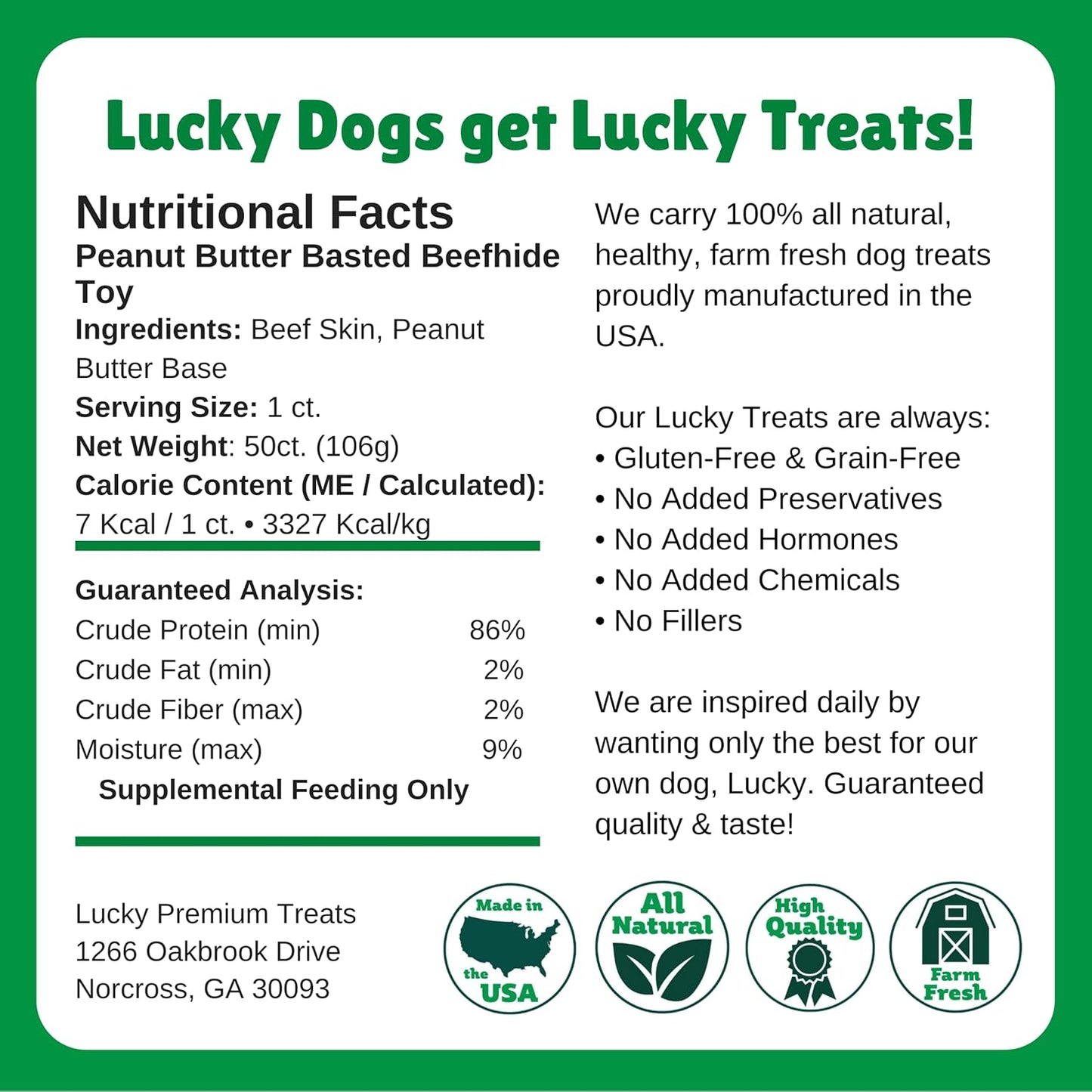 Lucky Premium Treats Peanut Butter Basted Rawhide – All-Natural Rawhide and Peanut Butter Dog Treats for Extra Small Dogs, Gluten Free Premium Toy Breed Dog Treats (50 Chews)