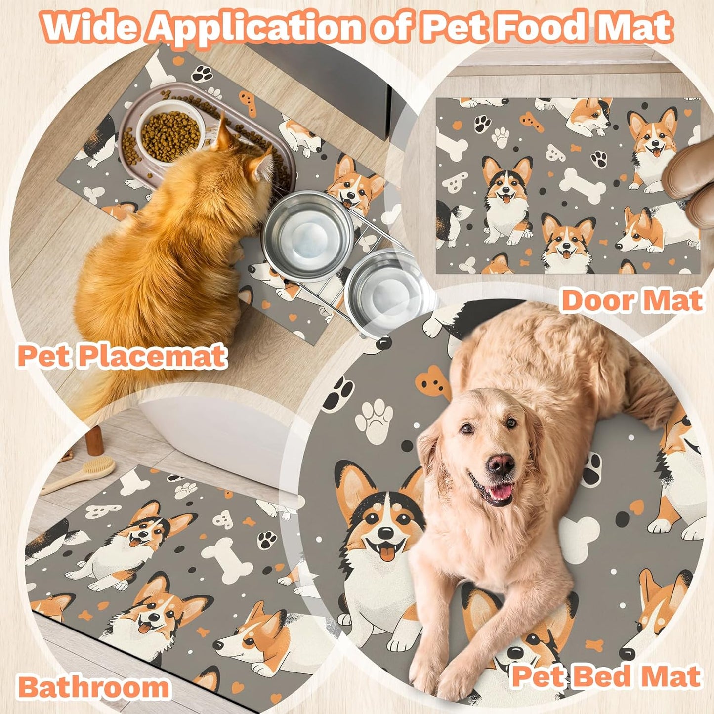 Corgi Dog Cat Food Mat,12"x20" Inches Rapid Absorbent Pet Feeding Mat,Pets Placemat Water Bowl Mats with Rubber Backing,No Stains Cat Dog Feeding Mats Indoor,Pet Accessories Supplies
