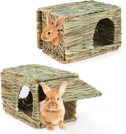 BWOGUE 2 Pack Grass Bunny House Natural Hand Woven Seagrass Hideaway Toy Hay Mat Chew Hut for Bunny Hamster Chinchilla Guinea Pigs Small Animals