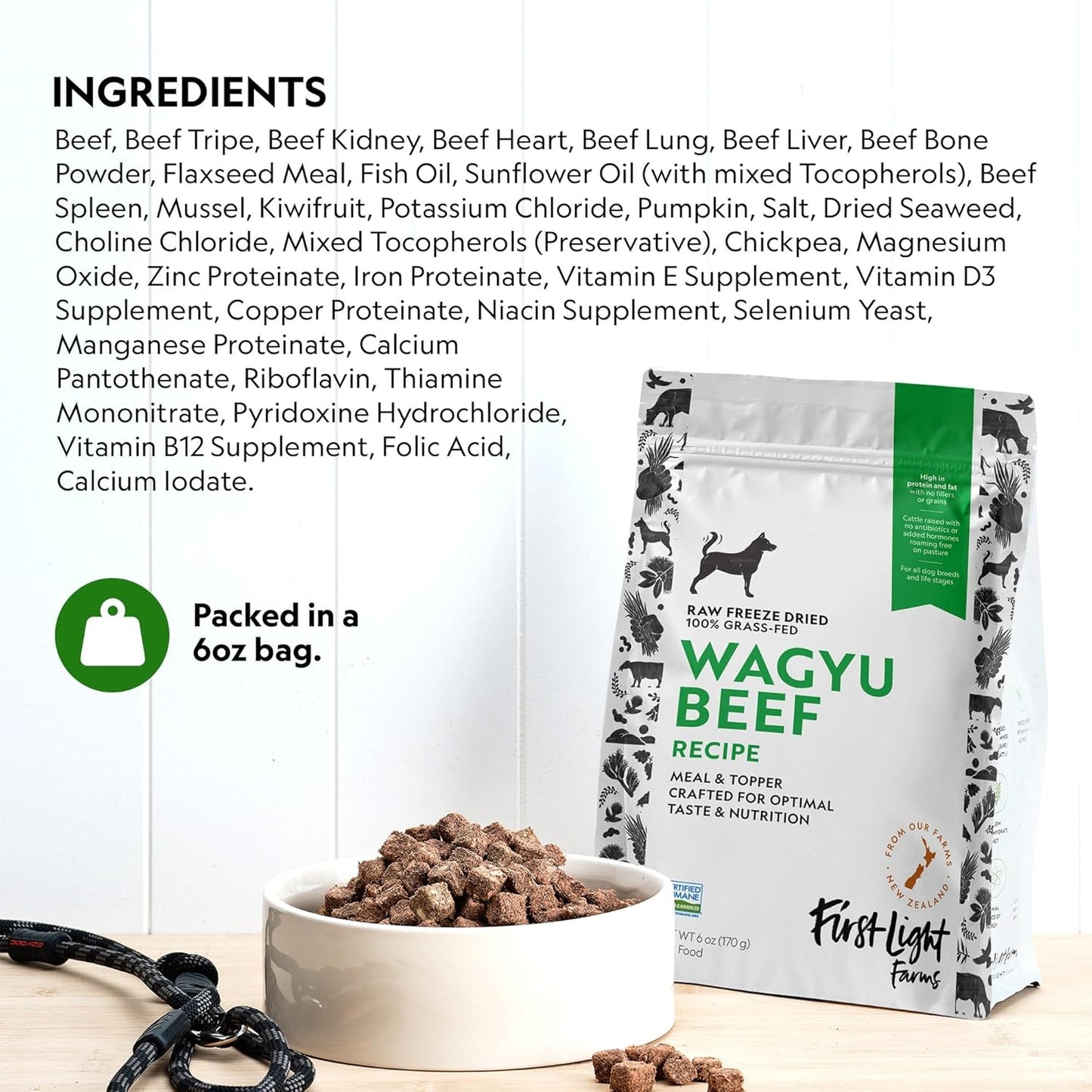 First Light Farms Freeze-Dried Dog Food Topper for Picky Eaters | High Protein Treat | Grain-Free Formula for All Breeds & Life Stages | Premium Wagyu Beef & Certified Humane | 6oz Bag