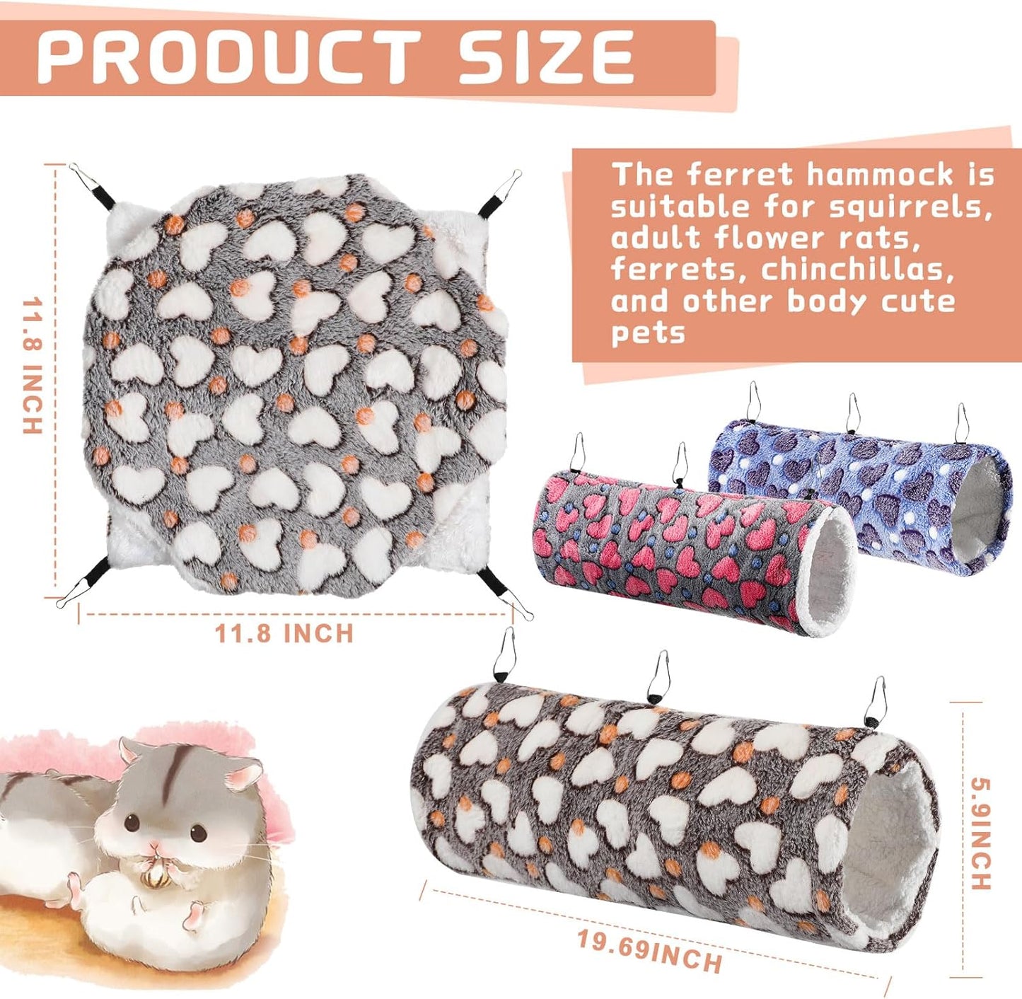 Sweetude 6 Pcs Rat Hammock Set Ferret Hanging Tunnel 3 Tier Guinea Pig Hammocks Hideout Soft Chinchilla Bed for Cage Accessories Hide,Play and Sleep(Cute,Heart)