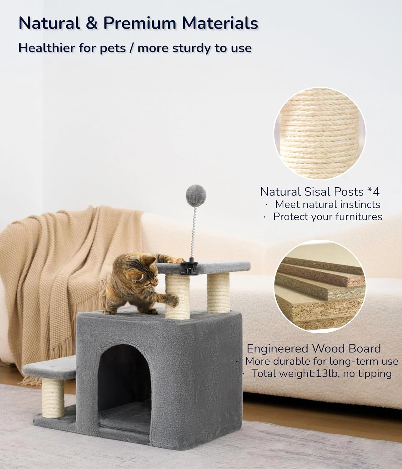 Happi N Pets Dog Stairs with Cat Scratching Post & Large Condo, Stable Pet Steps for High Beds Couch, 3 Combinations Cat Ramp Tree Tower for Cats or Small Dogs, Removable Cushion & Bonus Toy, Gray
