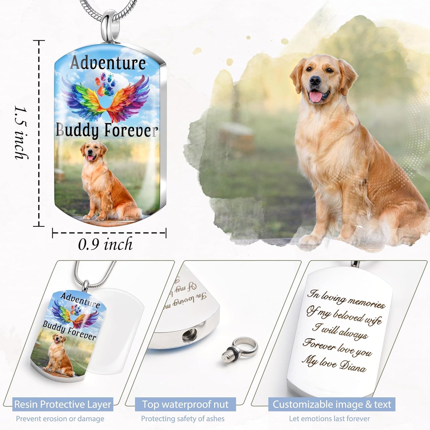 Fanery Sue Personalized Pet Ashes Necklace for Dog Cat Custom Photo&Text Pet Loss Sympathy Gift Cremation Jewelry