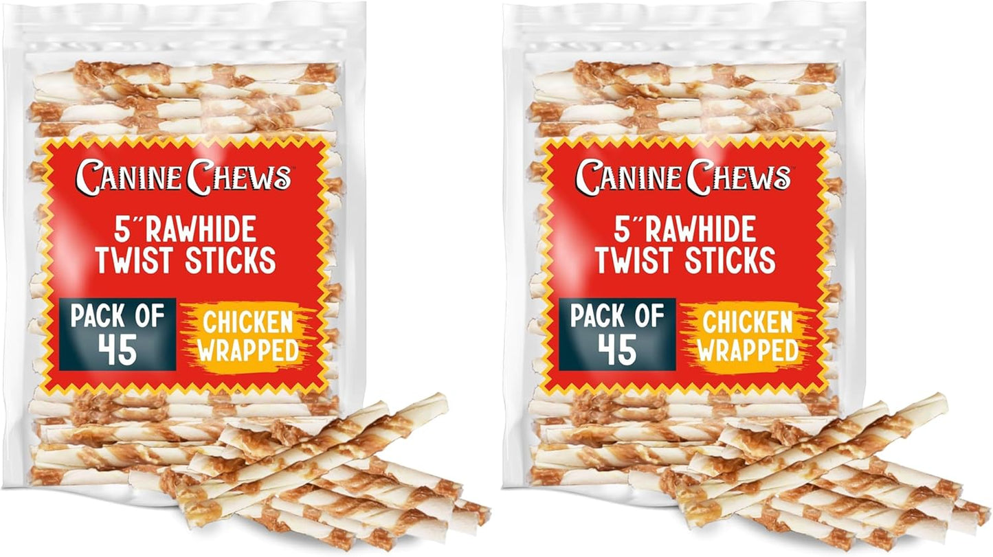 Canine Chews Chicken-Wrapped Rawhide Twists for Dogs - Pack of 90 U.S.A. Sourced Chicken Wrapped Rawhide Dog Treats, Sticks for Dogs - Premium & Natural Beefhide Chews