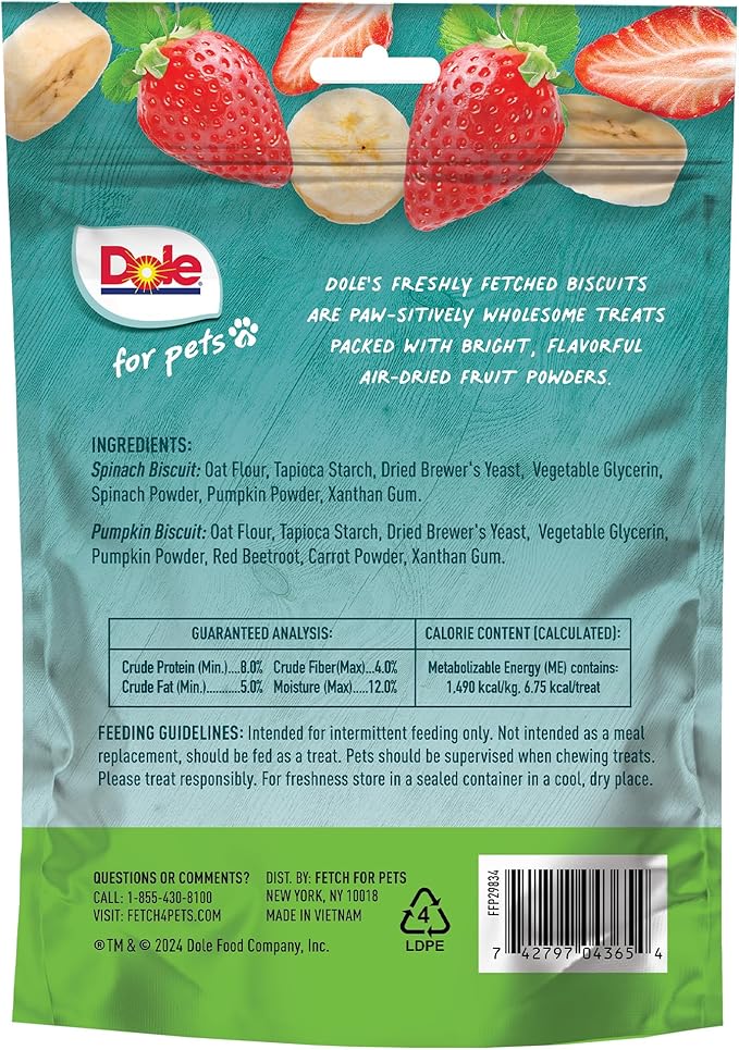 Dole for Pets - Freshly Fetched Banana & Strawberry Dog Biscuits | Real Fruit Flavor | Vegan Crunchy Snacks | No Wheat, Corn, Soy or Artificial Additives, 7 Ounce - 6 Pack