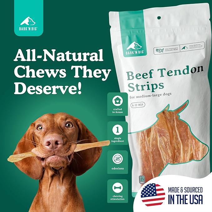 BARK'N BIG Beef Tendons for Dogs Made in USA - Single Ingredient Dog Treat - Premium All-Natural 100% USA Beef, High Protein, Low Fat, Tendon Chews for Dogs - 8-12 Inch - 12 Ct