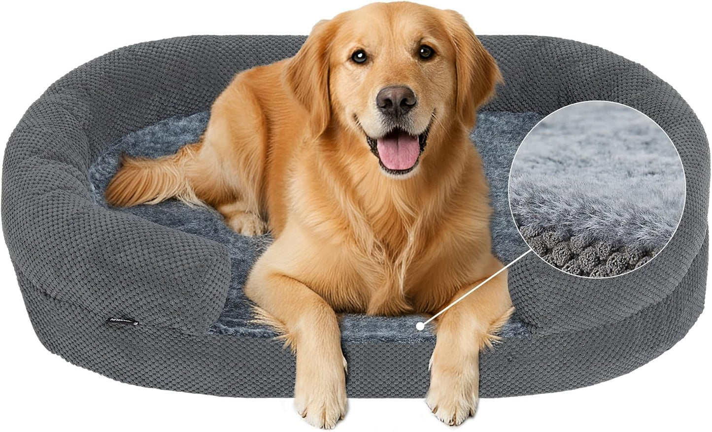 Orthopedic Dog Bed for Large Dogs, Egg Crate Memory Foam Fur Sofa with Comfortable Sides, Soft and Big Dog Couch Bed with Washable Removable Cover and Non-Slip Oval Bottom, 43" Grey