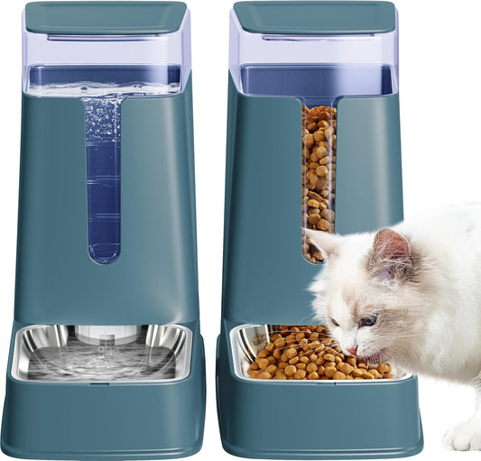 Automatic Cat Feeder and Cat Water Dispenser Set with Stainless Steel Bowls Gravity Dog Feeder for Small Medium Big Dog Pets Puppy Kitten, 3.8L x 2 (Cyan)