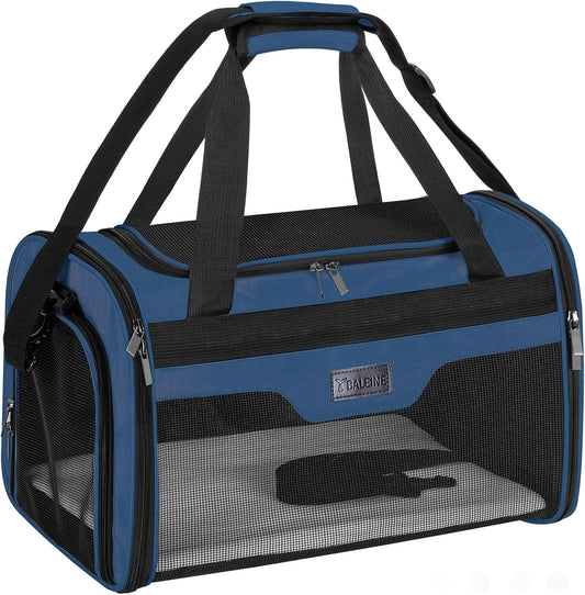 BALEINE Cat Carrier, Puppy Dog Carrier for Small Medium Pets Up to 15 Lbs, Soft-Sided Dog Travel Bag with Safety Zippers, Collapsible Pet Carrying Case (Blue, L, 17"x11"x11")