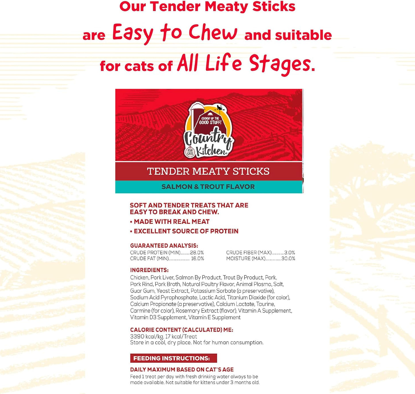 Country Kitchen Salmon & Trout Tender Meaty Sticks Cat Treats, High in Protein, Easy to Break and Chew, 0.88 Oz, 5 Count (Pack of 2)