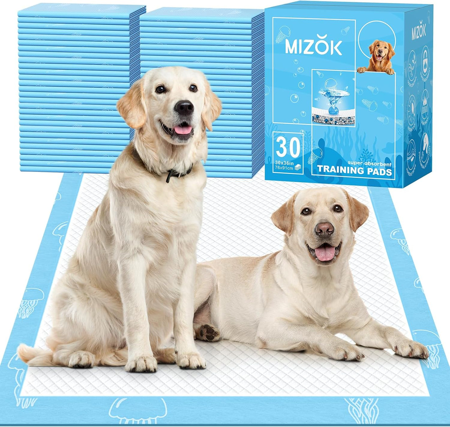 MIZOK Dog Pee Pads 30x36in X-Large Dog Training Pads Super Absorbent for Up to 10 Cups Odor-Control Marine Scented Quick Dry & Leak-Proof Jellyfish Pattern Dogs Pads, Disposable (30 Counts)