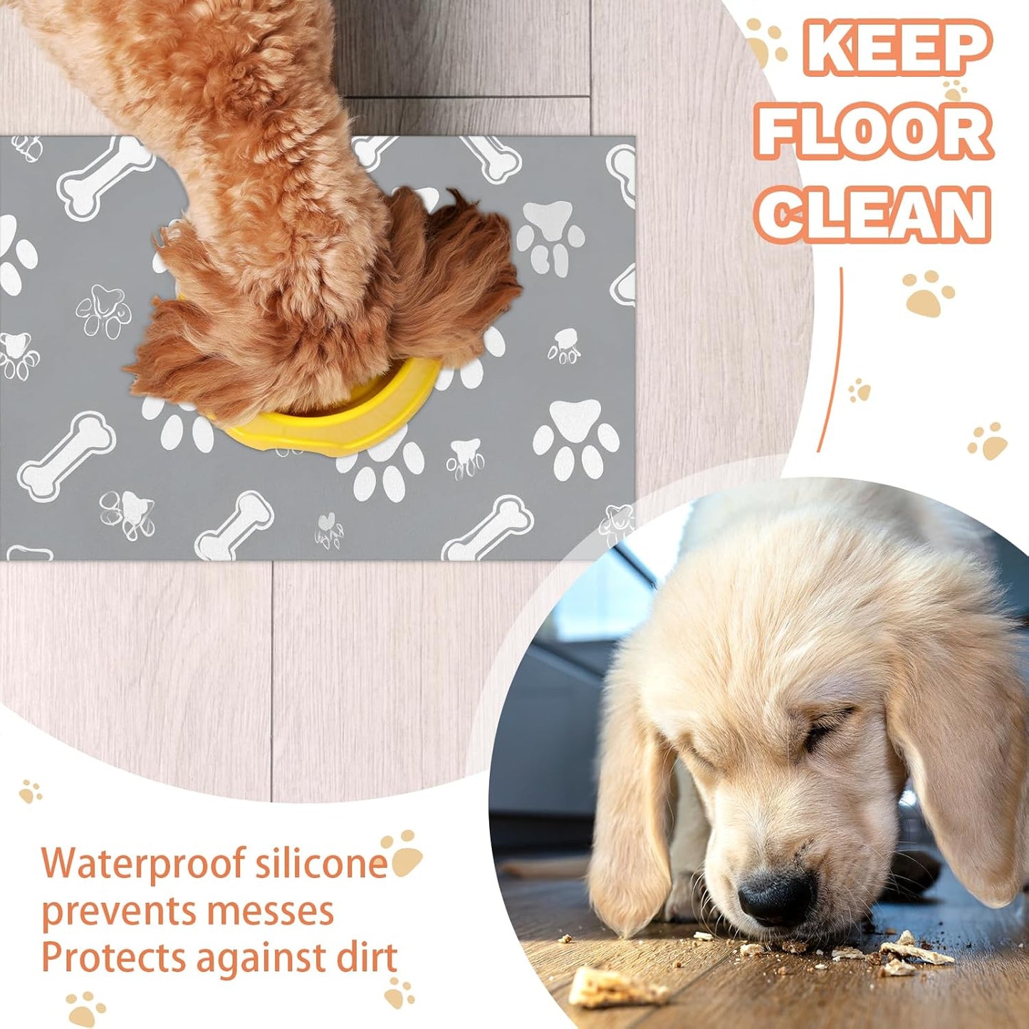 Grey Dog Cat Food Mat,12"x20" Inches Rapid Absorbent Pet Feeding Mat,Pets Placemat Water Bowl Mats with Rubber Backing,No Stains Cat Dog Feeding Mats Indoor,Pet Accessories Supplies