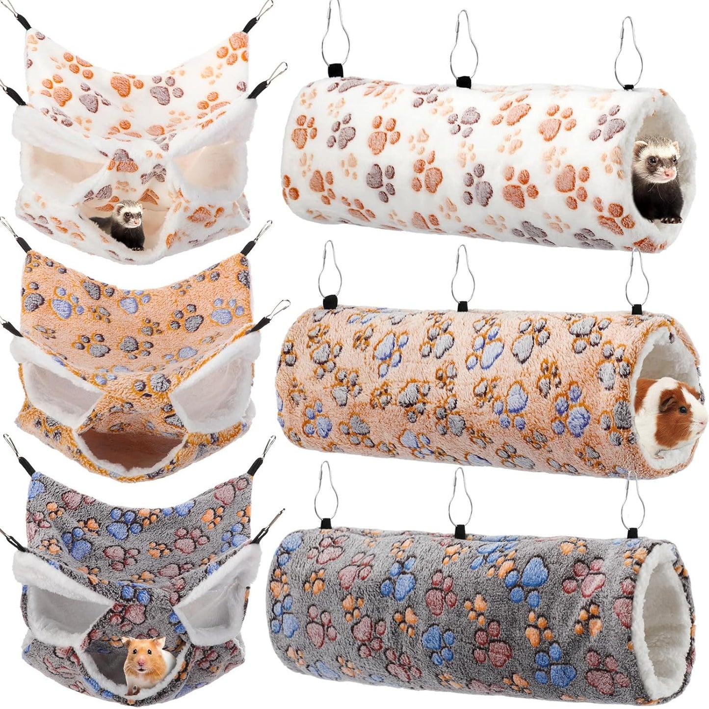 Sweetude 6 Pcs Rat Hammock Set Ferret Hanging Tunnel 3 Tier Guinea Pig Hammocks Hideout Soft Chinchilla Bed for Cage Accessories Hide,Play and Sleep(Cute,Paw)