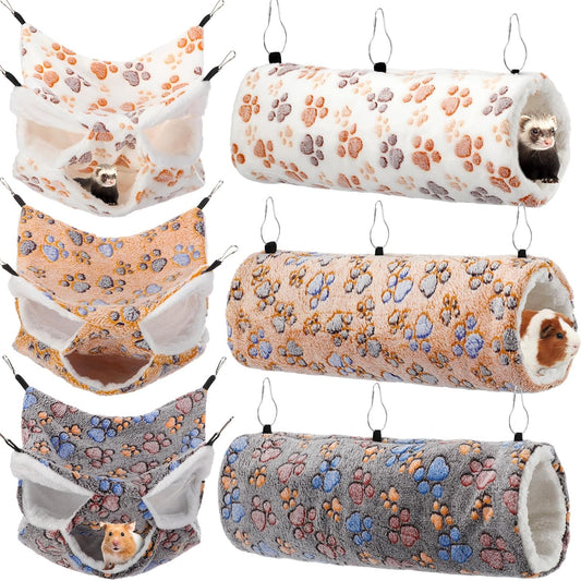 Sweetude 6 Pcs Rat Hammock Set Ferret Hanging Tunnel 3 Tier Guinea Pig Hammocks Hideout Soft Chinchilla Bed for Cage Accessories Hide,Play and Sleep(Cute,Paw)