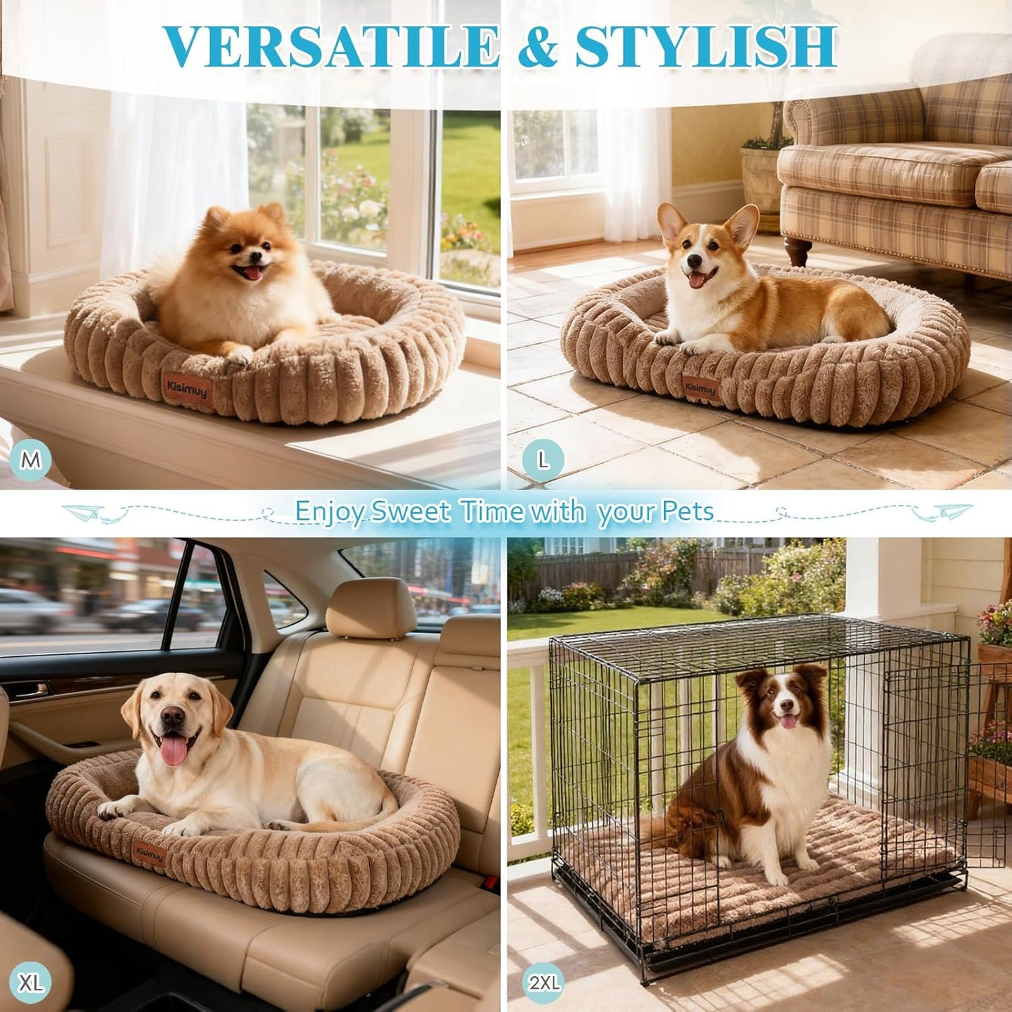 Cute Washable Dog Bed for Small Dogs -Soft Furry Calming Puppy & Cat Bed, Rectangle Bolster Anti-Anxiety Puppy Bed with Handle, Durable Removable Cover & Anti-Slip Bottom, 25in, Brown