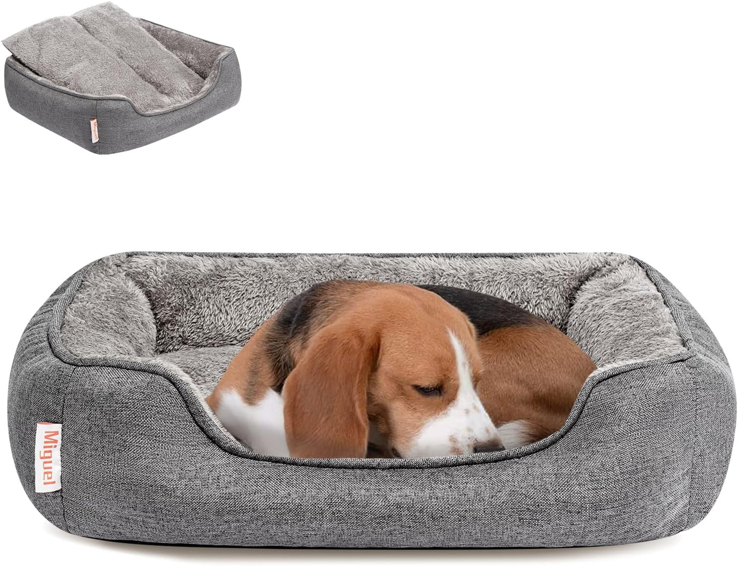 Miguel Faux Linen Dog Bed with Removable Cushion Pillow for Medium Small Dogs, Washable Pet Bed with Side Easy to Wash Puppy Bed, Rectangle Cat Bed for Indoor Cat with Anti-Slip Bottom, Gray 30 Inch
