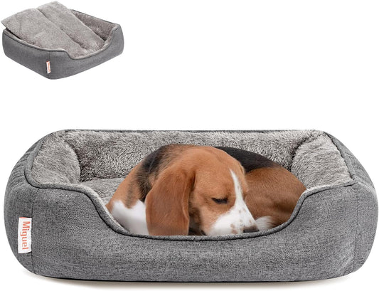 Miguel Faux Linen Dog Bed with Removable Cushion Pillow for Medium Small Dogs, Washable Pet Bed with Side Easy to Wash Puppy Bed, Rectangle Cat Bed for Indoor Cat with Anti-Slip Bottom, Gray 30 Inch