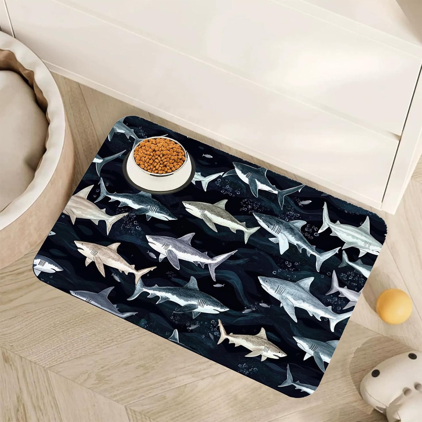 Cute Shark Dog Cat Food Mat,Absorbent Pet Feeding Mat with Rubber Backing,Non-Slip Water Bowl Placemat,Indoor Pet Accessories Supplies 16"x24"