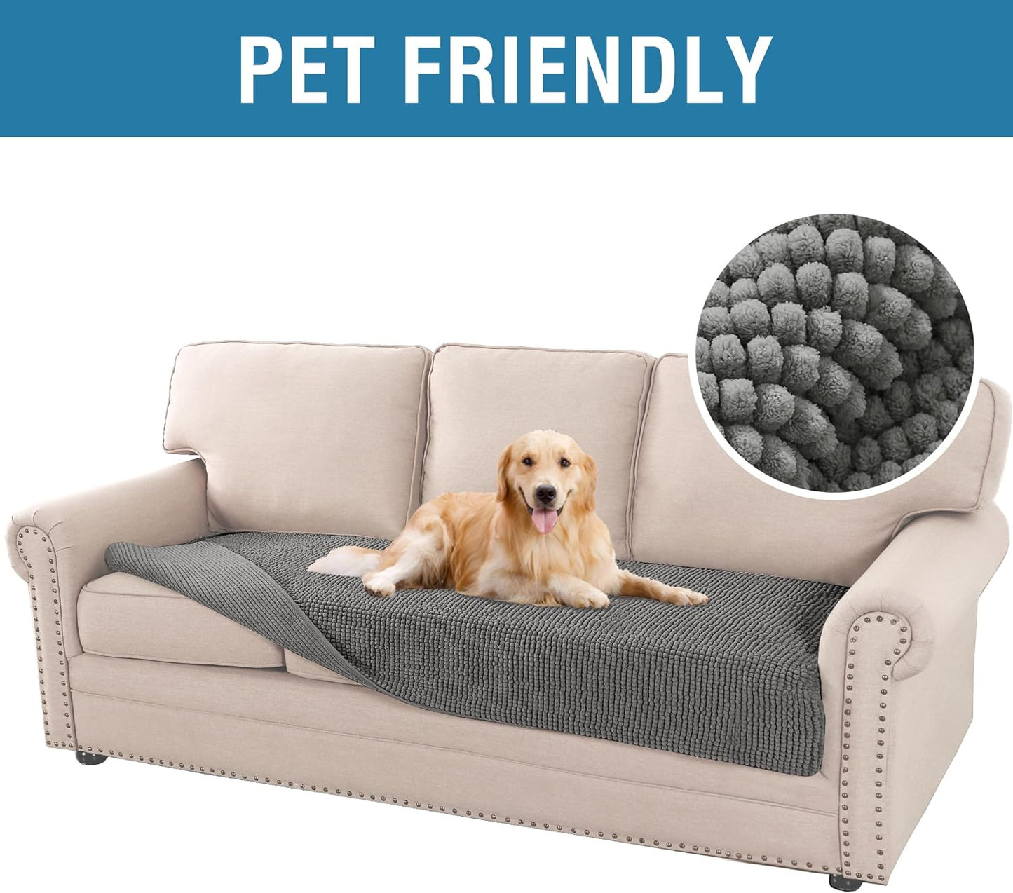H.VERSAILTEX Plush Chenille Dog Bed Cover Thick Soft Sofa Cover for 3 Cushion Couch Anti Slip Couch Cover Furniture Protector for Dog, Pet, Cat (35" x 82", Grey)