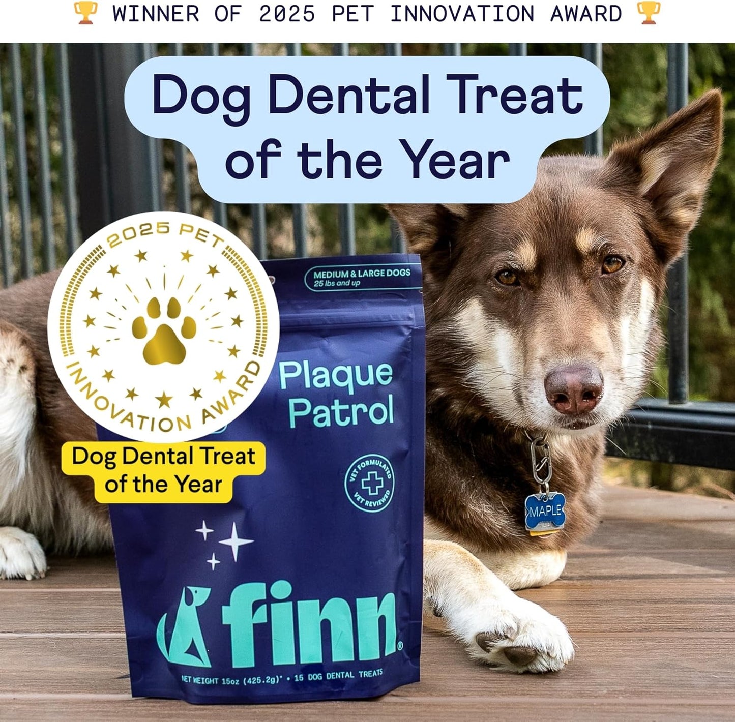 Finn Plaque Patrol Dental Chews | Triple-Action Defense Against Plaque, Tartar, and Bad Breath | for Medium/Large Dogs, 25+ lbs