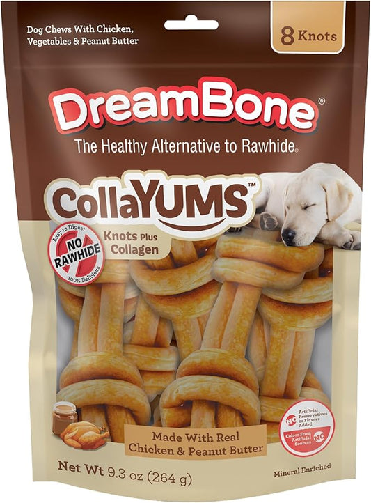 DreamBone CollaYUMS Knots Plus Collagen Chews for Dogs, 8 Count, Treat Your Dog to Rawhide-Free Chews Made with Chicken, Vegetables and Peanut Butter