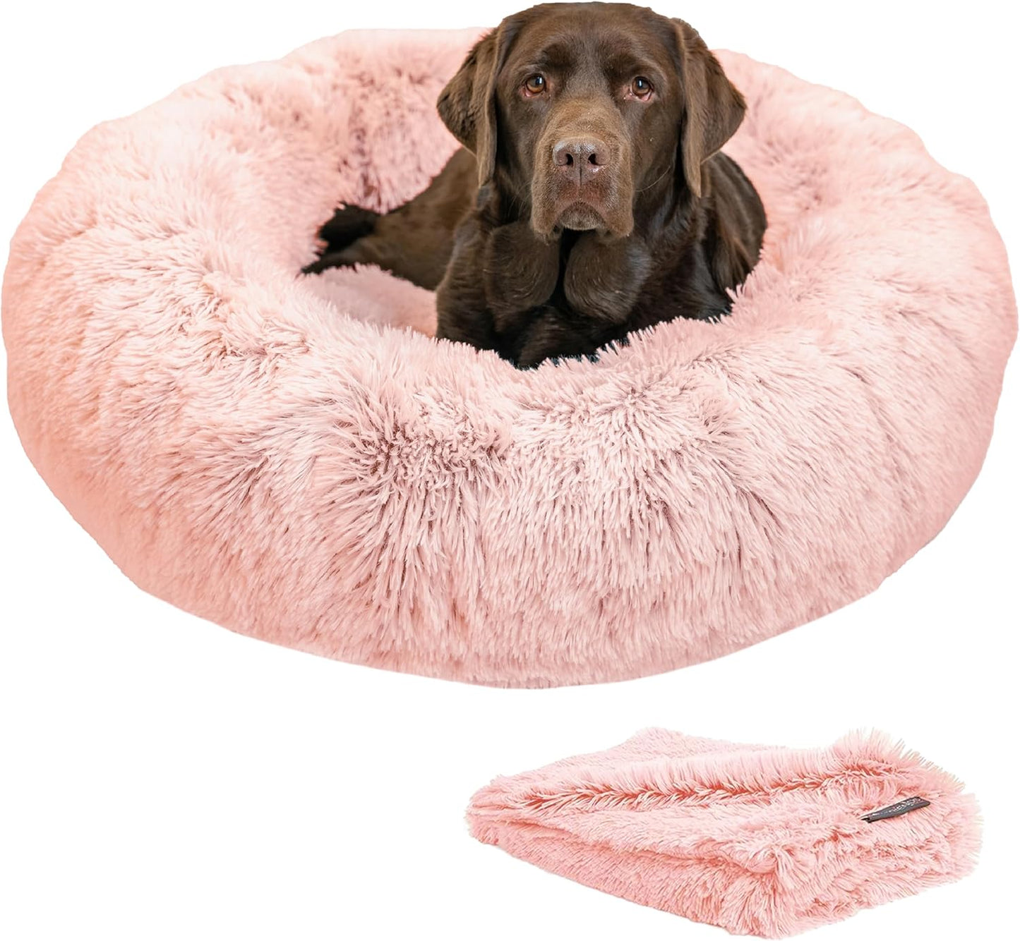 Best Friends by Sheri Bundle Set The Original Calming Shag Donut Cuddler Cat and Dog Bed + Pet Throw Blanket, Cotton Candy Pink, Large, 36x36