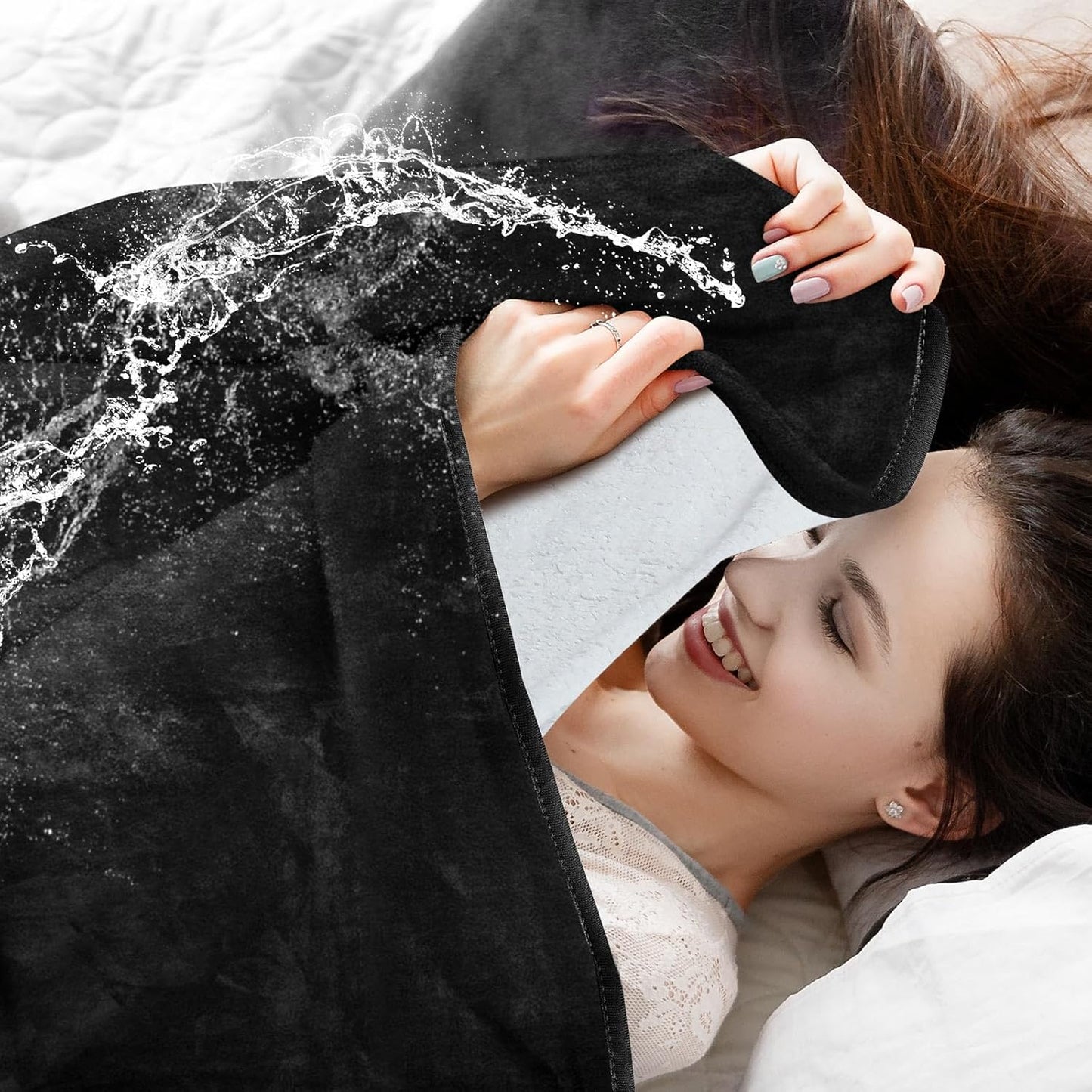 Love Black Waterproof Bed Blanket, Throw Size XS Size 45'' x 40'' Double Side Leakproof Reversible Sherpa Flannel Fleece 3 Layer Lightweight Blanket, Absorbs 18oz