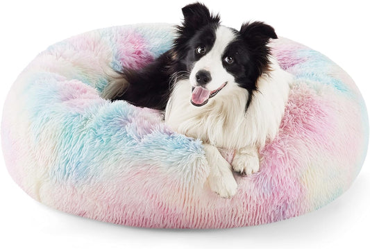 Bedsure Calming Dog Bed for Large Dogs - Donut Washable Large Pet Bed, Anti-Slip Round Fluffy Plush Faux Fur Dog Bed, Fits up to 80 lbs Pets, Multi-Colored, 36 inches
