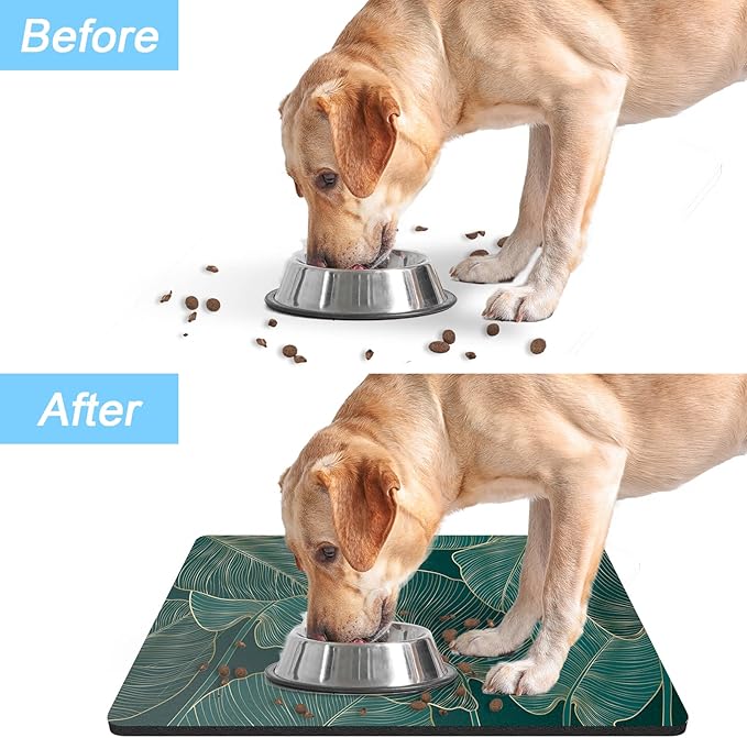 Rnivvi Dog Food Mat, 16" x 24" Flower Absorbent Dog Cat Bowl Mat for Food and Water, Cute Anti-Slip Rubber Pet Feeding Rug Protect Floors, Puppy Placemat for Feeding & Watering Supplies, Tropical