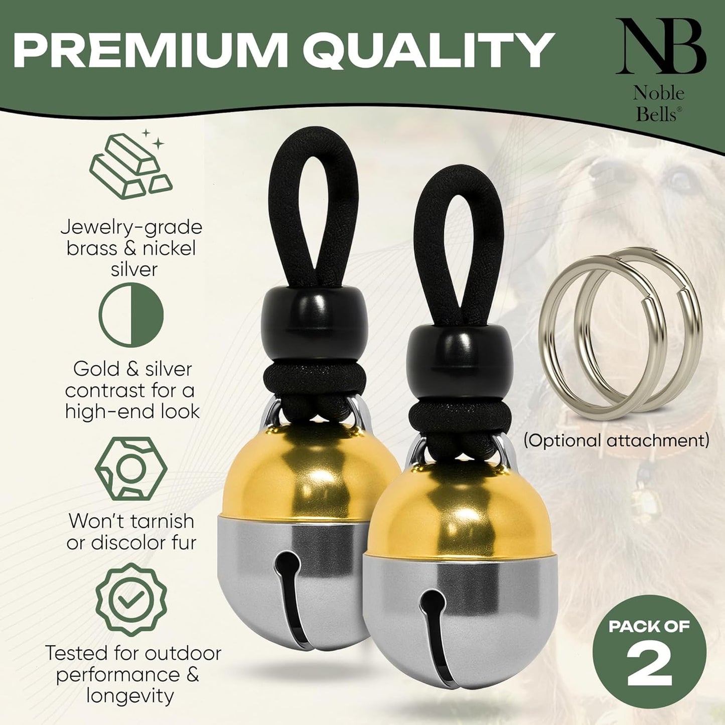 Noble Bells, Pair - Handmade in USA, Extra Loud Collar Bells for Cats and Dogs, Premium Brass and Nickel Silver
