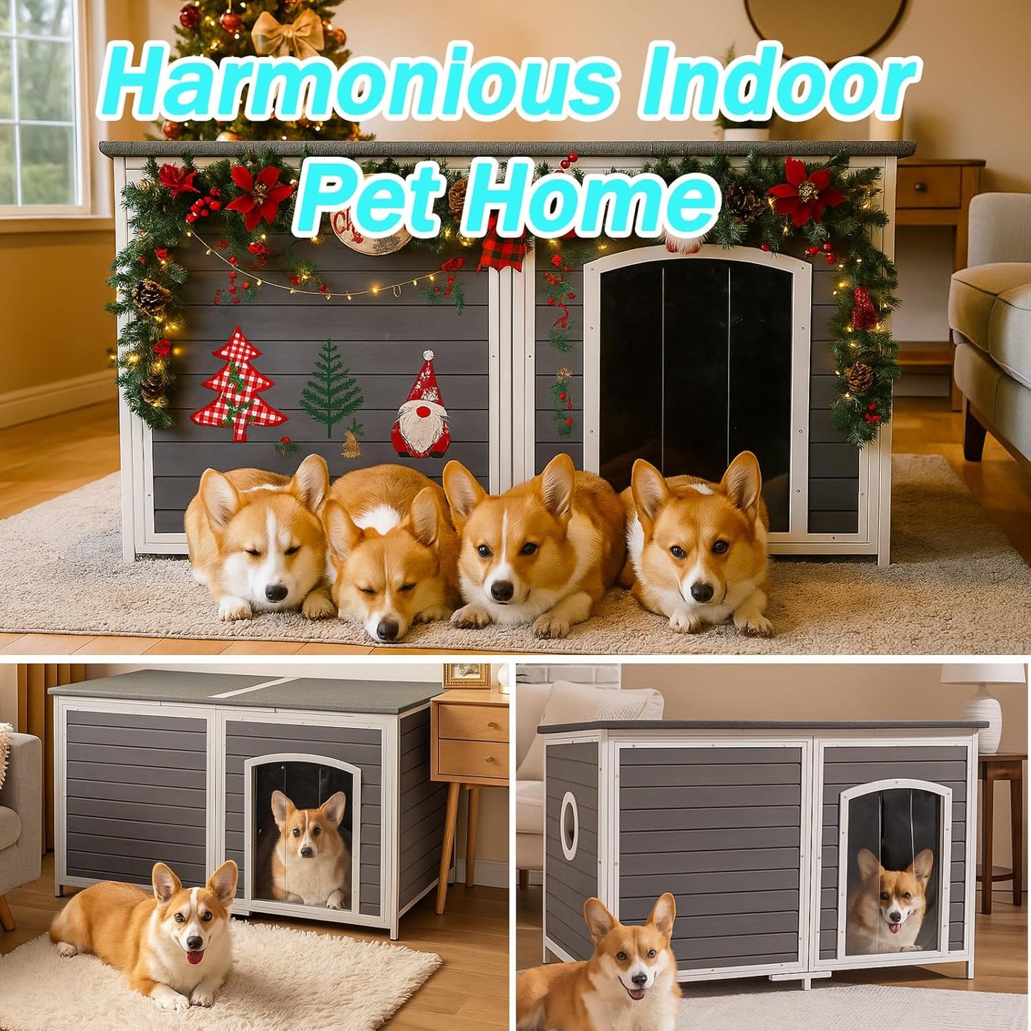 Geguri All-Weather Dog House for Medium to Large Dogs | Weatherproof Asphalt Roof, Chew-Proof Frame, Elevated Base, Extra Large (Grey, 59.1" L × 34.3" W × 34.6" H)