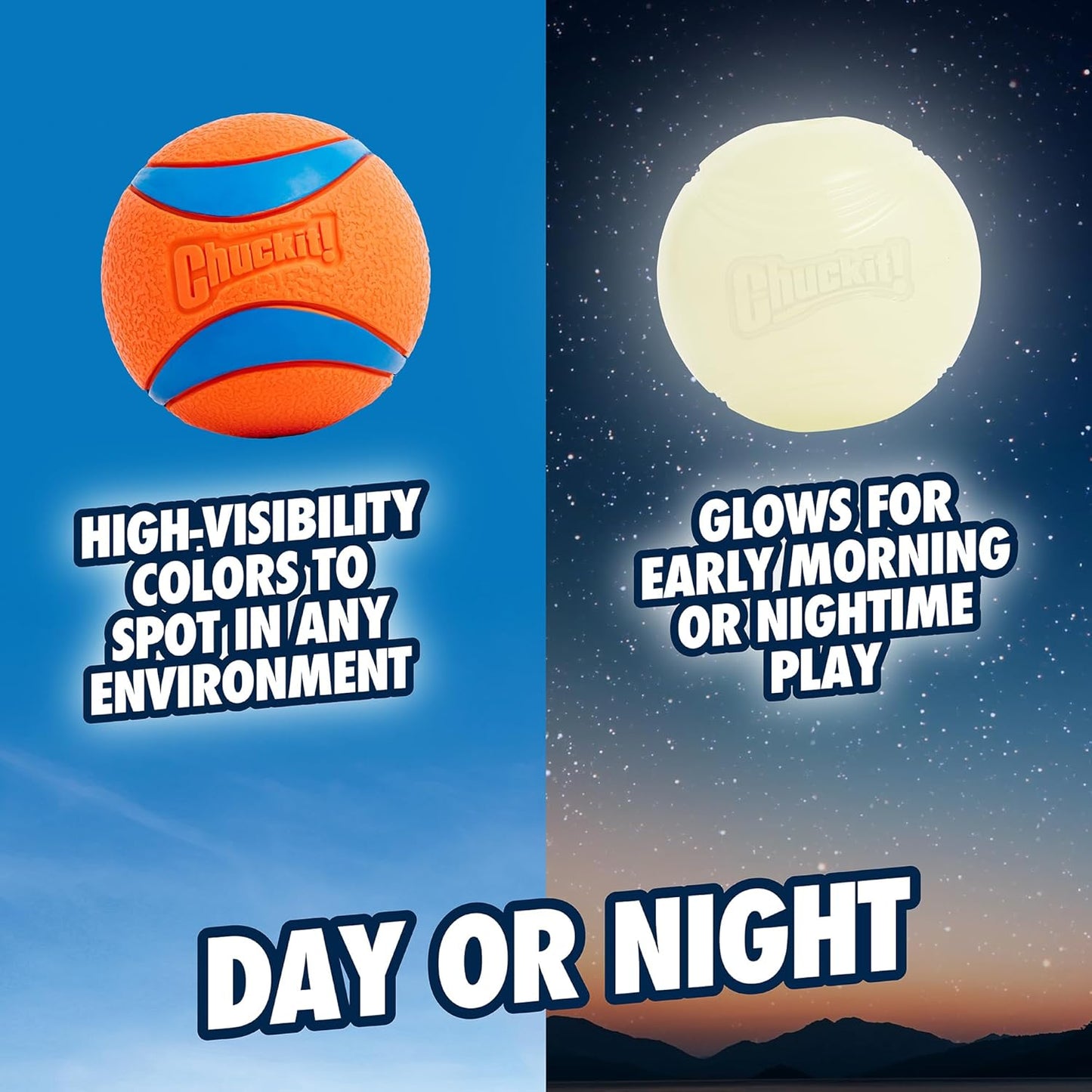 Chuckit! Ultra Ball Dog Toys - Size Large - for Dogs 60-100 lbs - Made from Durable Rubber - Super Bouncy - Day & Night Bundle - Floats in Water - 3-inch Diameter - Pack of 2