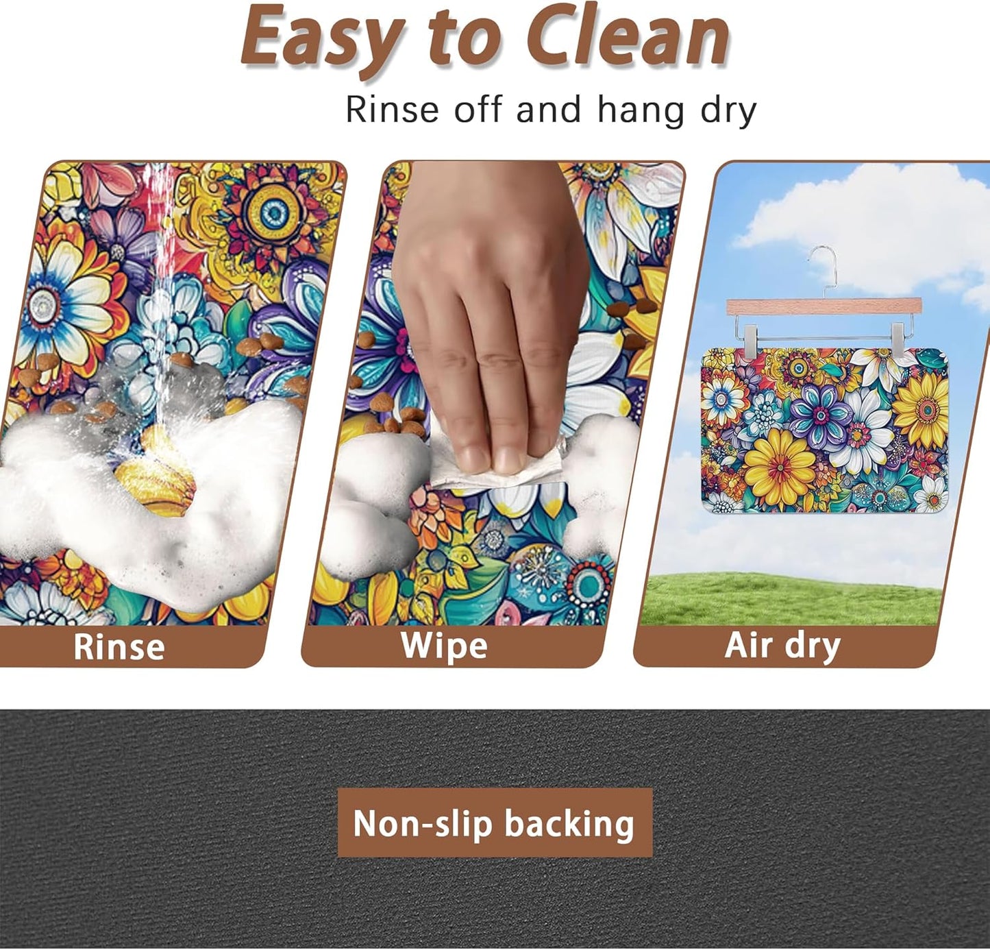 Floral Dog Food Mat for Floors,Cute Mandala Flower Absorbent Quick-Dry Pet Feeding Mat,Cat Dog Bowl Mats for Food and Water,Non-Slip Pet Accessories Supplies 16"x24"