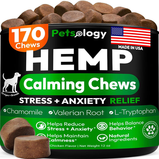Hemp Calming Chews for Dogs - 170 Dog Calming Chews - Anxiety Relief Treats - Advanced Stress Relief Supplement, Separation Aid, Barking, Fireworks, Melatonin - Hip & Joint Support - Made in USA